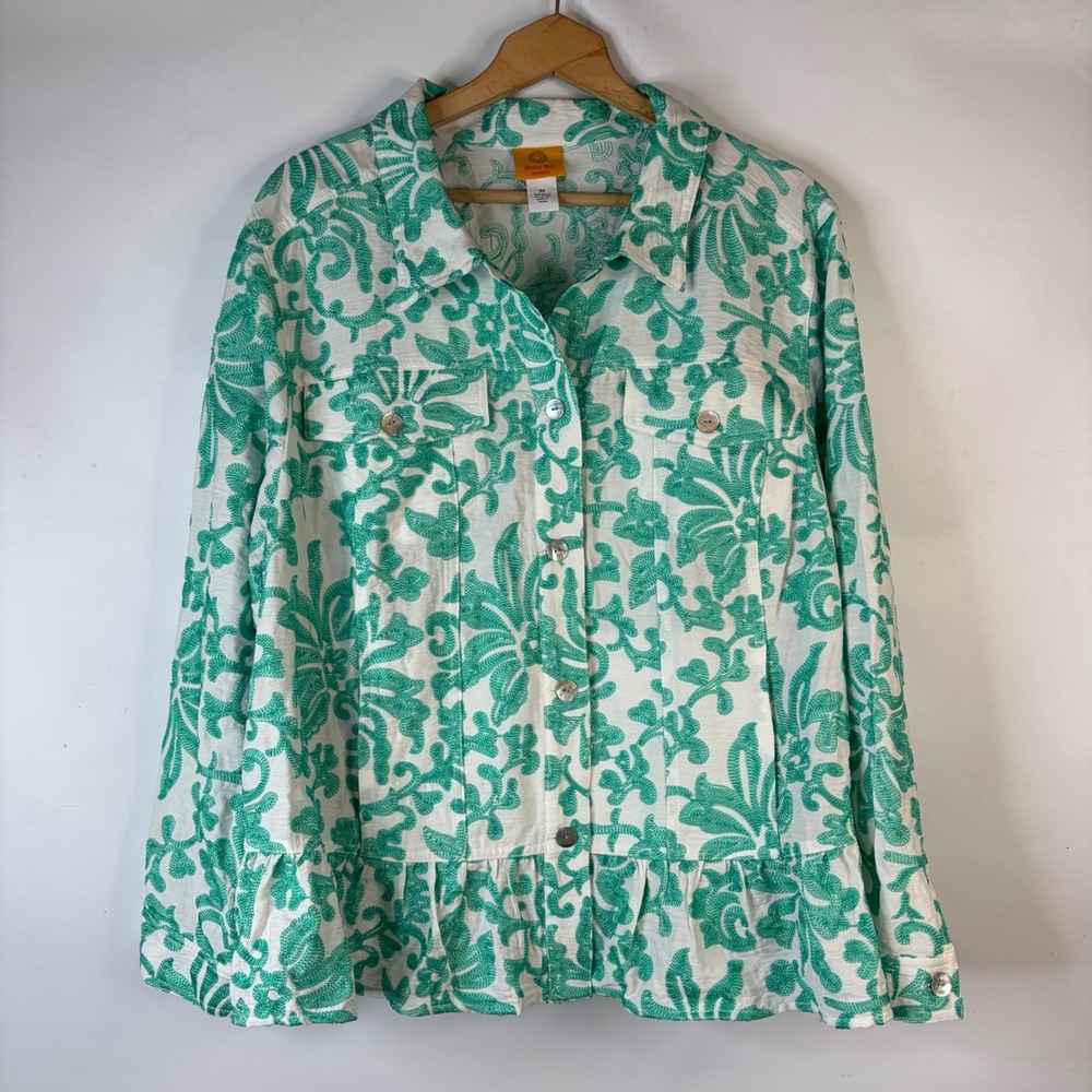 Ruby Rd Jacket Women 3X White Green Scroll Embroidered Peplum Ruffle Button Up